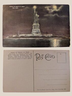 10/$25 Vintage Unused Statue of Liberty at Night New York City Postcard